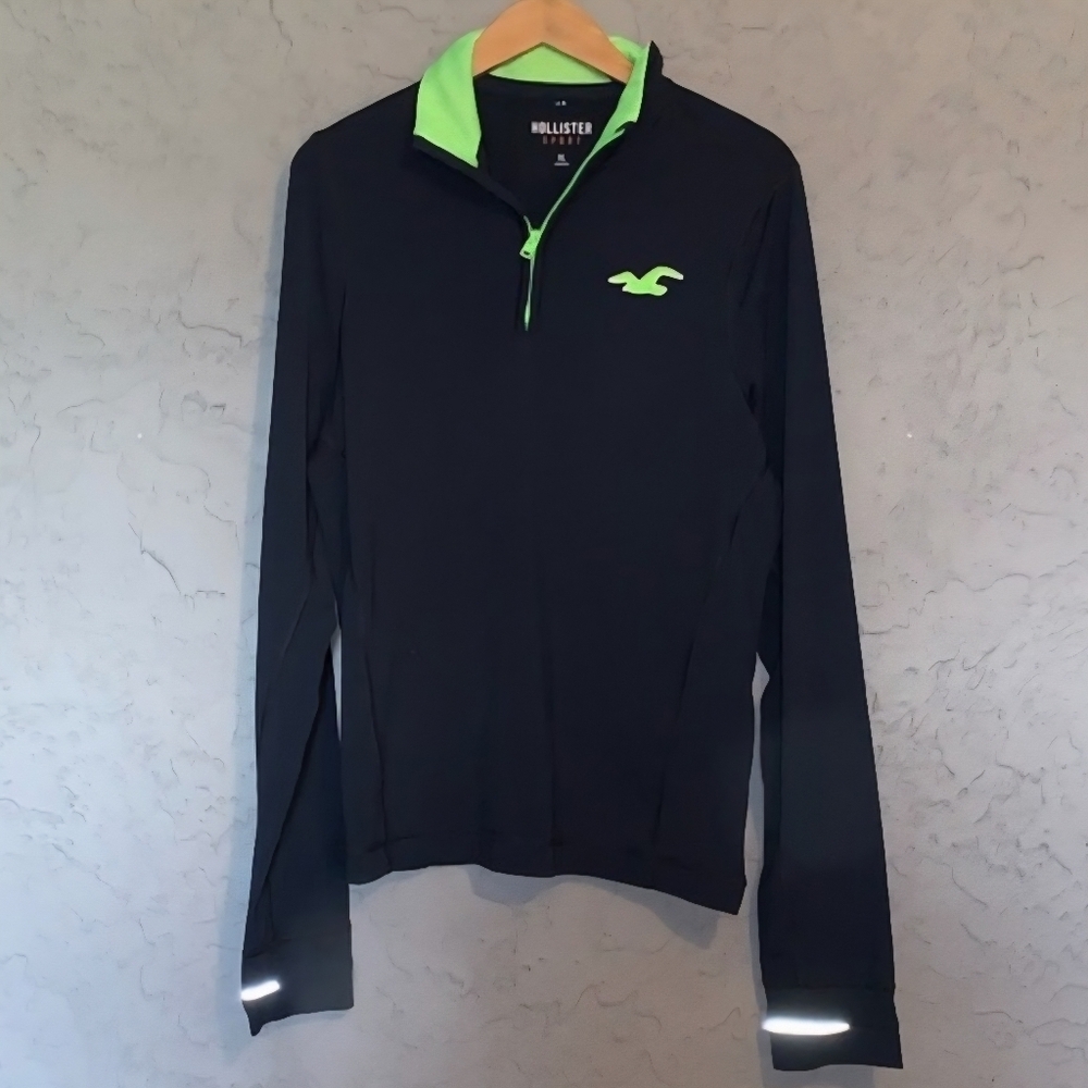 Hollister Sport Quarter Zip Pullover Navy Blue Mens XL Green Accents Lightweight